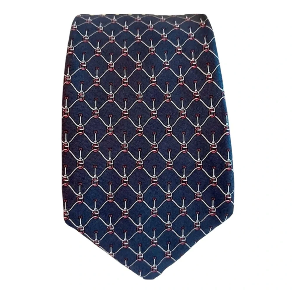 VTG 80s DIOR Navy Blue Silk Buckle Pattern Tie